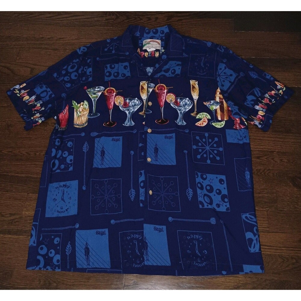 Paradise Found Hawaiian Shirt Mens XL Blue Happy Hour Cocktails Drinks Print USA